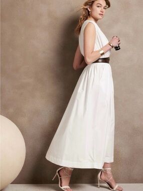 Banana Republic Factory White V-Neck Gathered Waist Maxi Dress